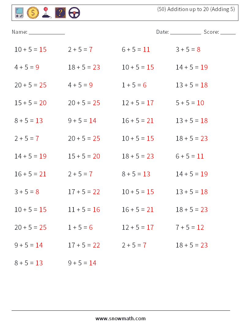 (50) Addition up to 20 (Adding 5) Math Worksheets 3 Question, Answer
