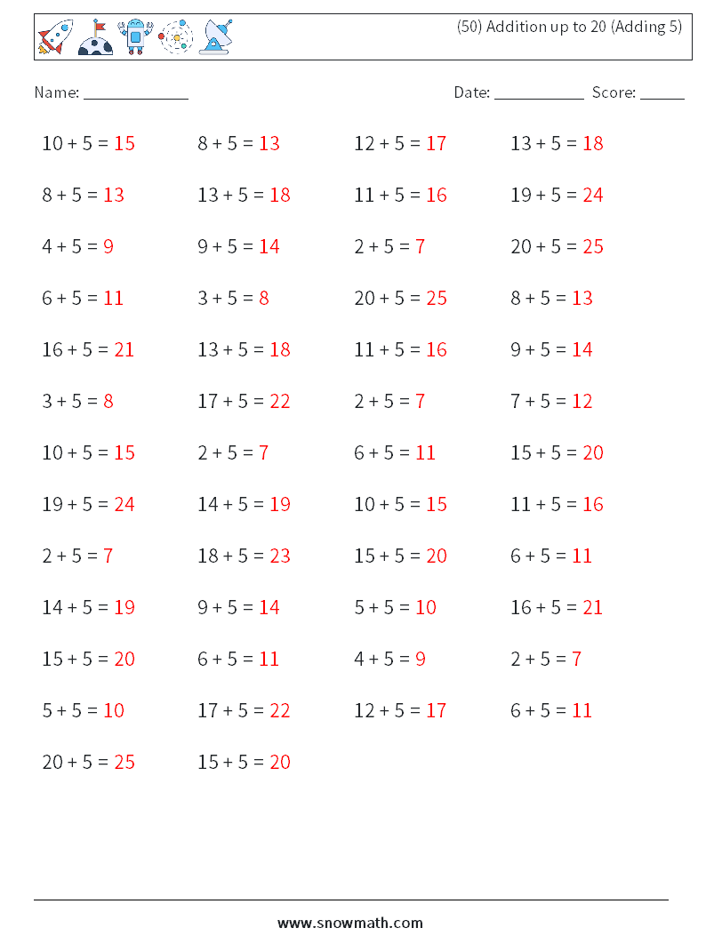 (50) Addition up to 20 (Adding 5) Math Worksheets 4 Question, Answer