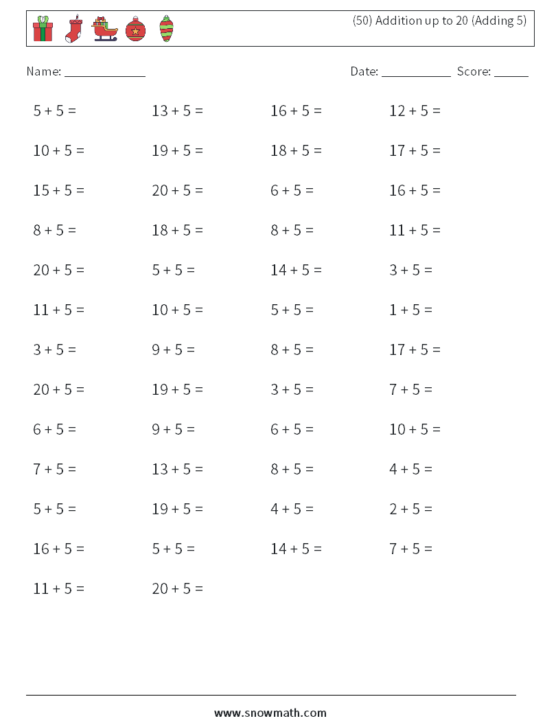 (50) Addition up to 20 (Adding 5) Math Worksheets 5