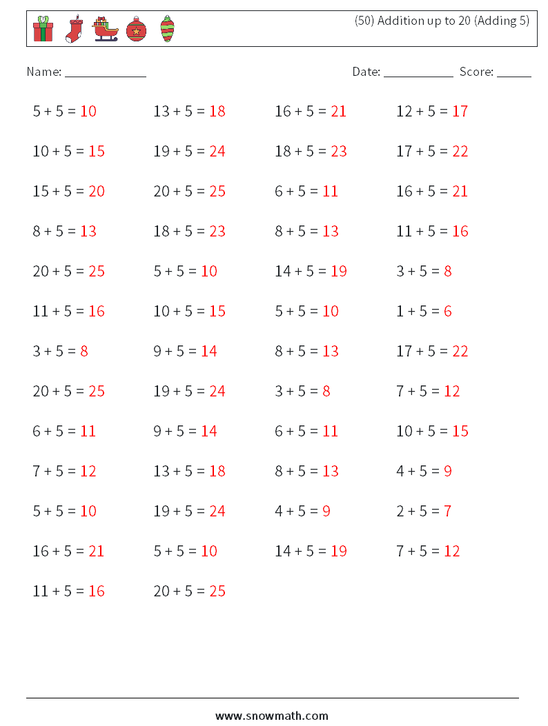 (50) Addition up to 20 (Adding 5) Math Worksheets 5 Question, Answer