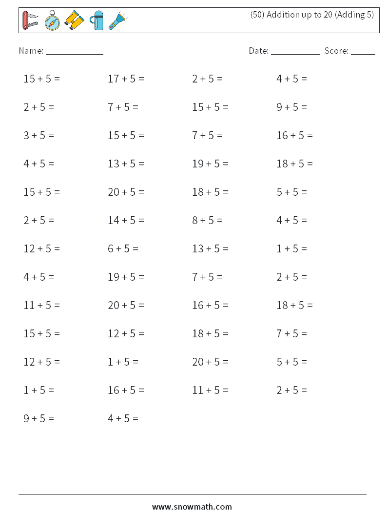 (50) Addition up to 20 (Adding 5) Maths Worksheets 6