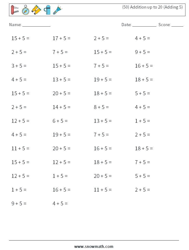 (50) Addition up to 20 (Adding 5) Math Worksheets 6