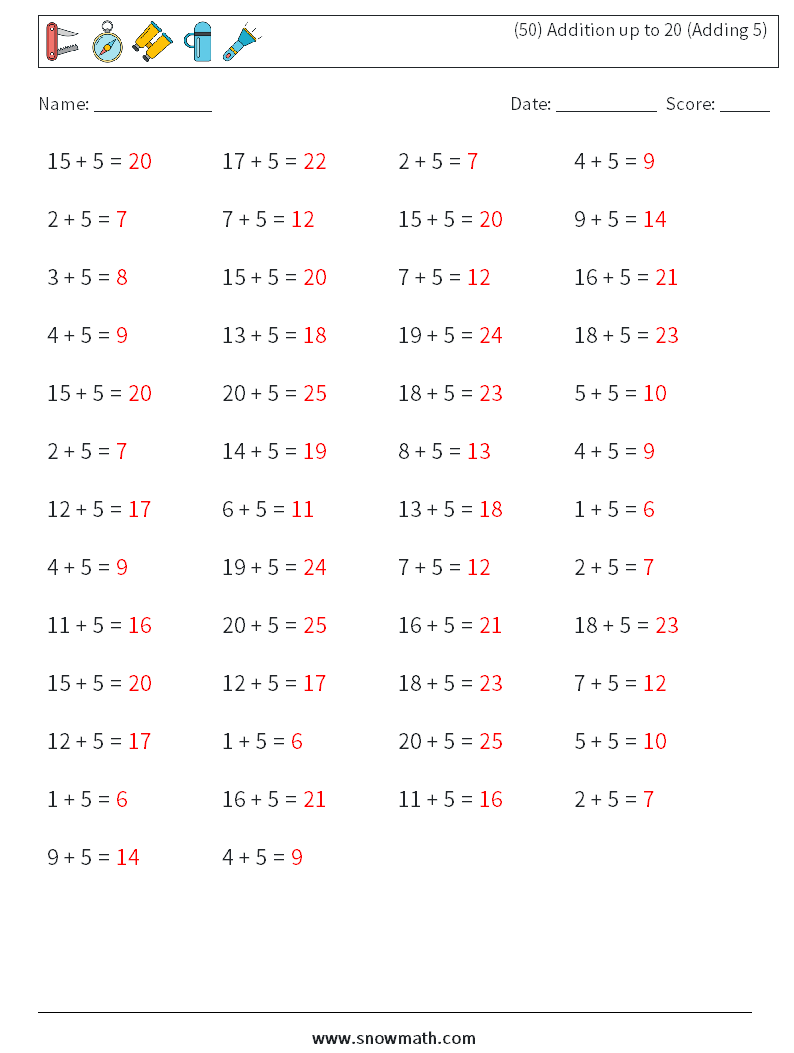 (50) Addition up to 20 (Adding 5) Math Worksheets 6 Question, Answer