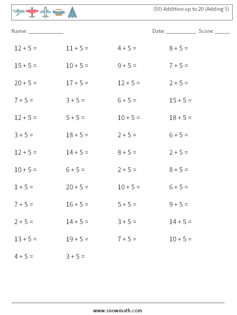 (50) Addition up to 20 (Adding 5) Math Worksheets 7
