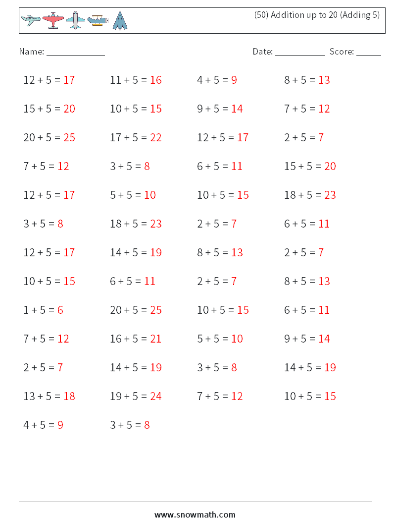 (50) Addition up to 20 (Adding 5) Math Worksheets 7 Question, Answer