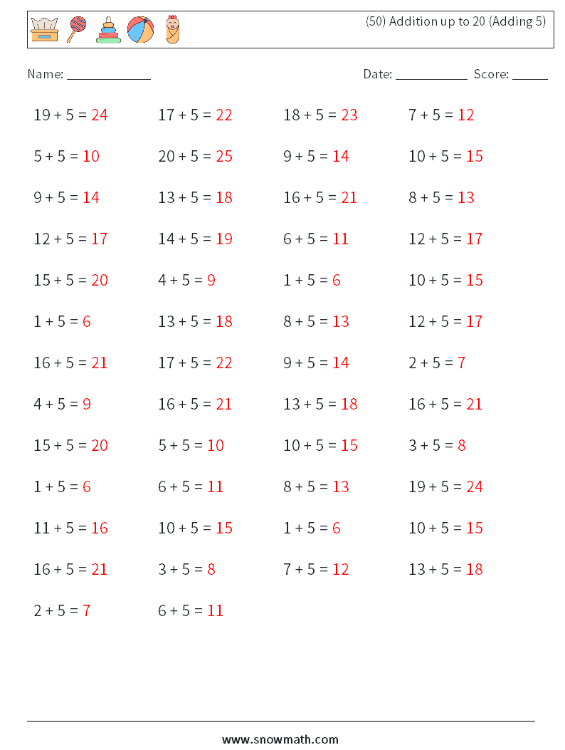 (50) Addition up to 20 (Adding 5) Math Worksheets 8 Question, Answer
