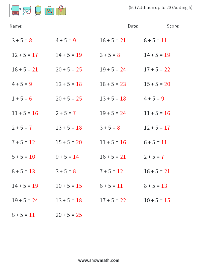(50) Addition up to 20 (Adding 5) Math Worksheets 9 Question, Answer