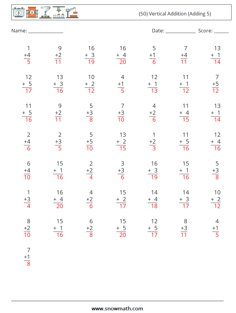 (50) Vertical  Addition (Adding 5) Math Worksheets 10 Question, Answer