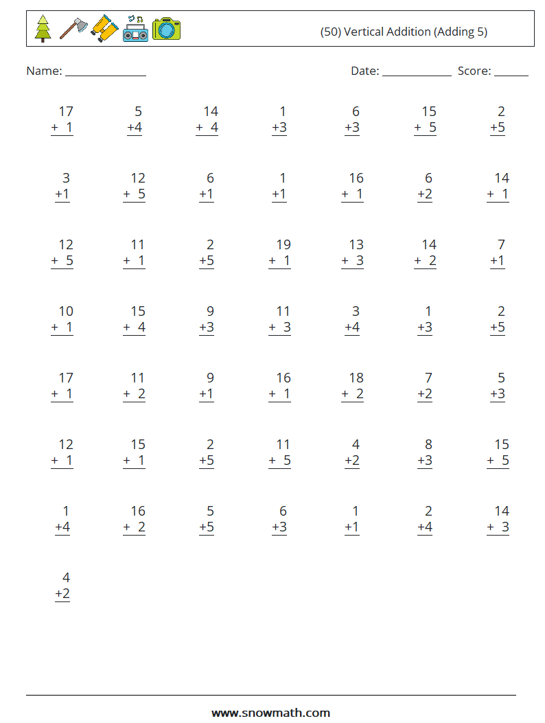 (50) Vertical  Addition (Adding 5) Math Worksheets 11