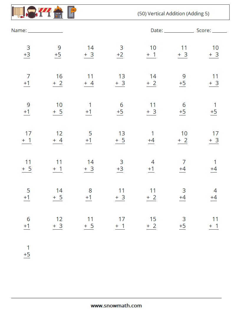 (50) Vertical  Addition (Adding 5) Math Worksheets 12