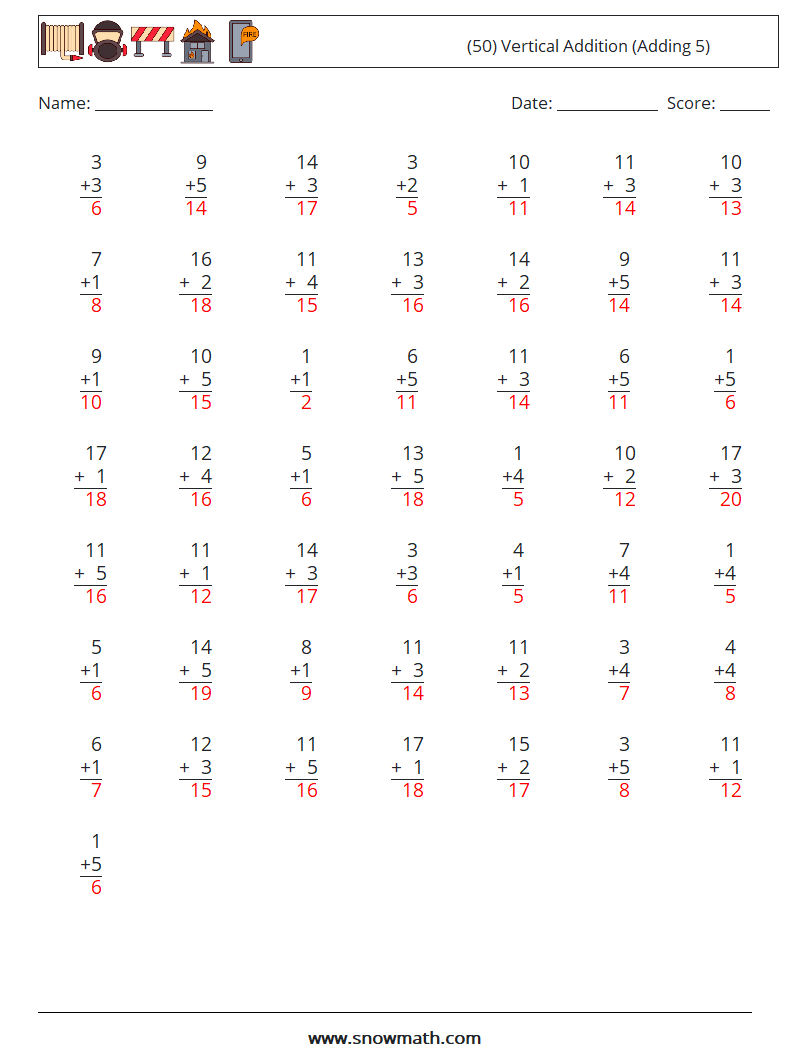 (50) Vertical  Addition (Adding 5) Math Worksheets 12 Question, Answer