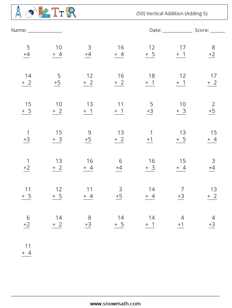 (50) Vertical  Addition (Adding 5) Math Worksheets 13