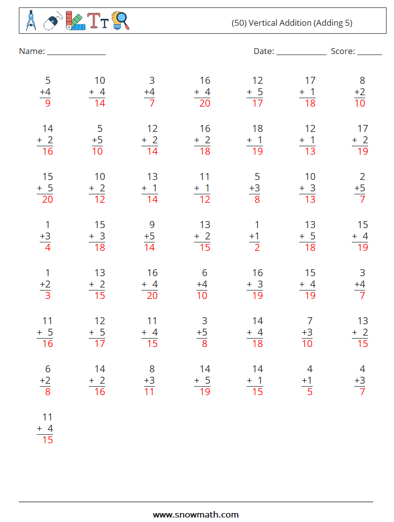 (50) Vertical  Addition (Adding 5) Math Worksheets 13 Question, Answer