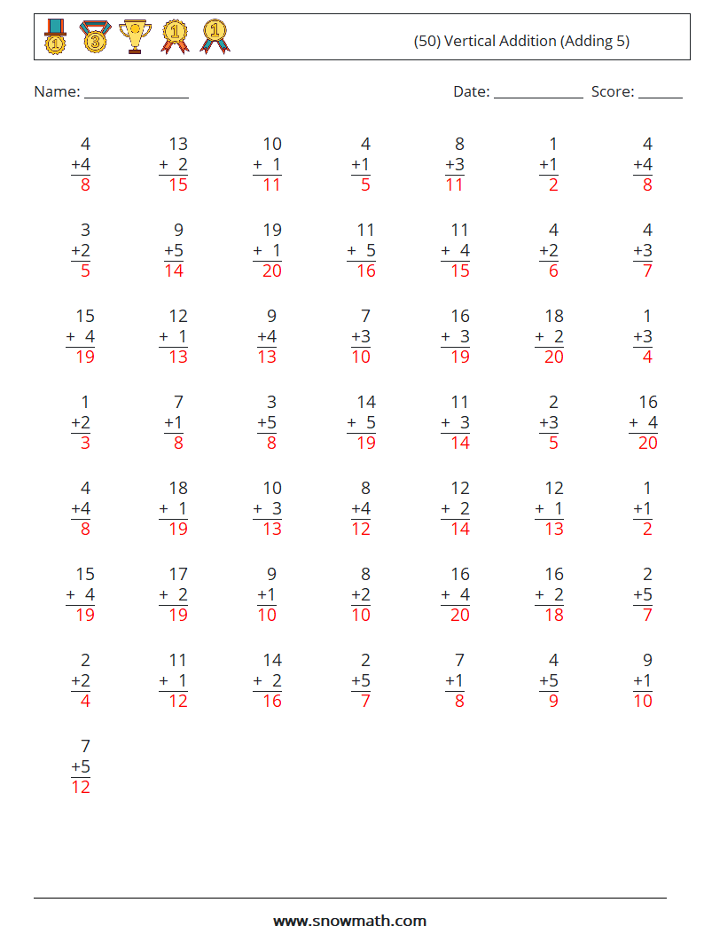 (50) Vertical  Addition (Adding 5) Math Worksheets 16 Question, Answer