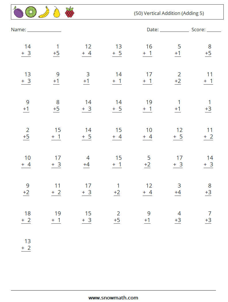 (50) Vertical  Addition (Adding 5) Math Worksheets 18