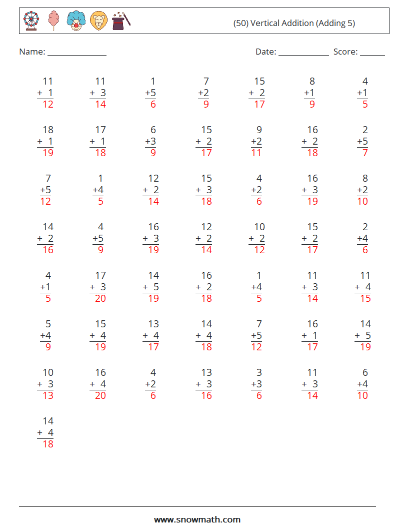 (50) Vertical  Addition (Adding 5) Math Worksheets 1 Question, Answer