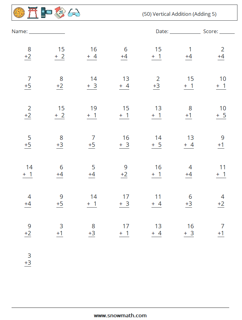 (50) Vertical  Addition (Adding 5) Math Worksheets 2