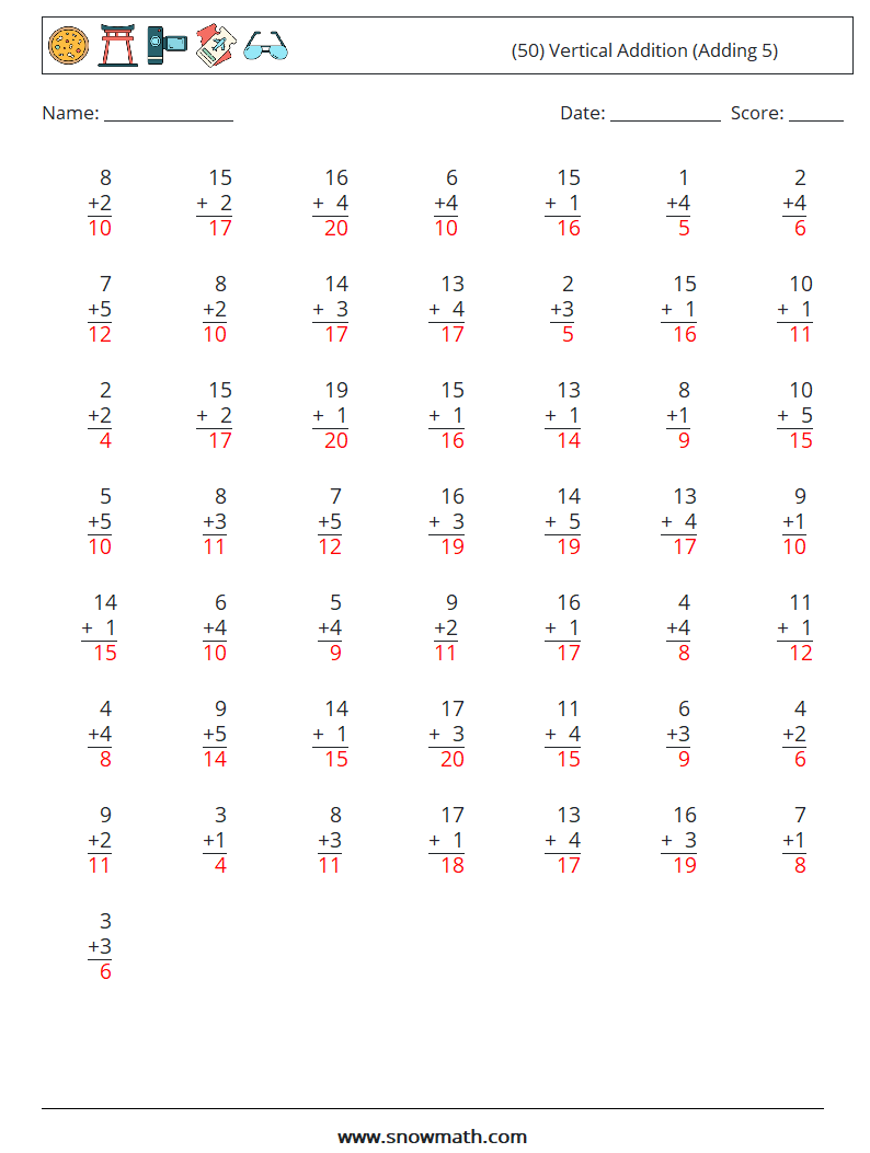 (50) Vertical  Addition (Adding 5) Math Worksheets 2 Question, Answer