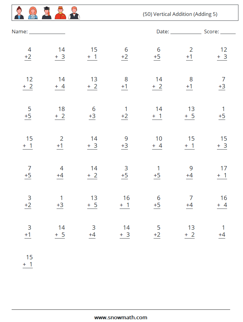 (50) Vertical  Addition (Adding 5) Math Worksheets 3