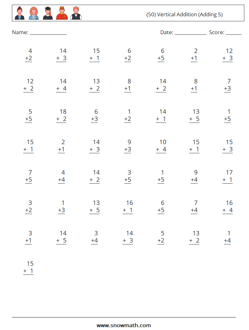 (50) Vertical  Addition (Adding 5) Maths Worksheets 3