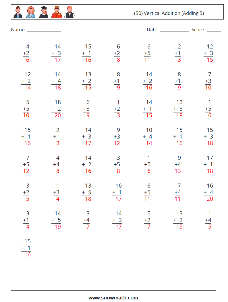 (50) Vertical  Addition (Adding 5) Math Worksheets 3 Question, Answer
