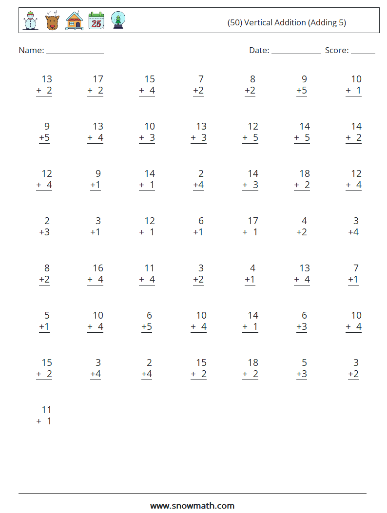 (50) Vertical  Addition (Adding 5) Maths Worksheets 4