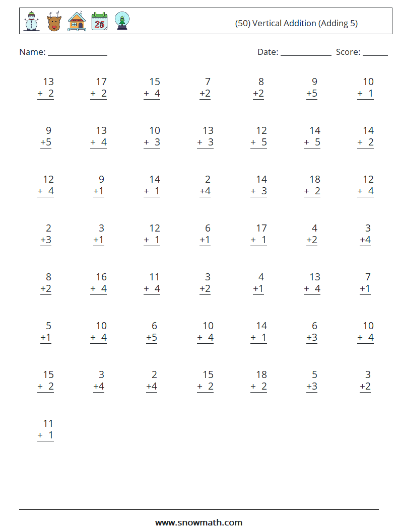 (50) Vertical  Addition (Adding 5) Math Worksheets 4