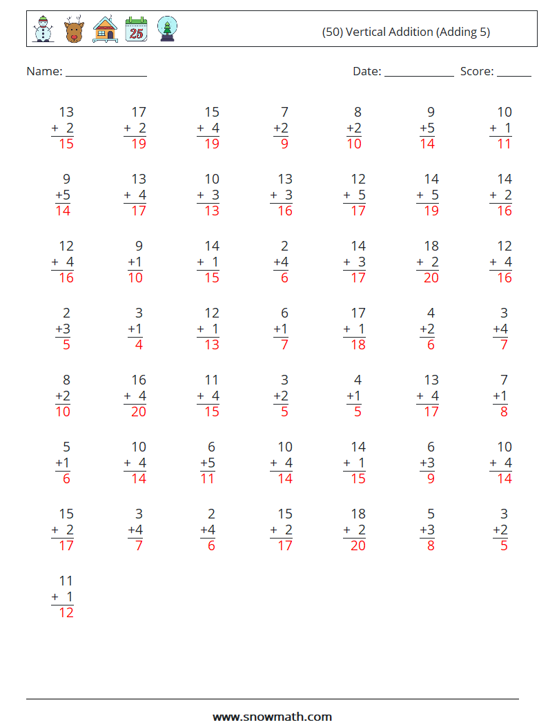(50) Vertical  Addition (Adding 5) Math Worksheets 4 Question, Answer