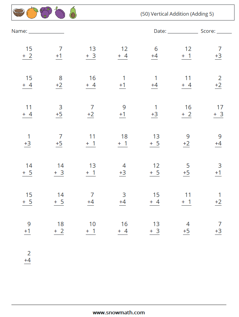 (50) Vertical  Addition (Adding 5) Maths Worksheets 5