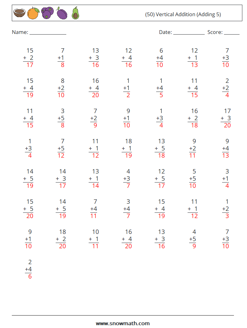 (50) Vertical  Addition (Adding 5) Math Worksheets 5 Question, Answer