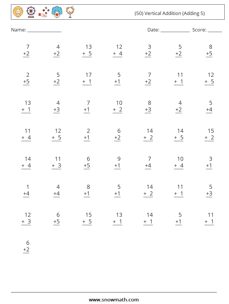 (50) Vertical  Addition (Adding 5) Math Worksheets 6