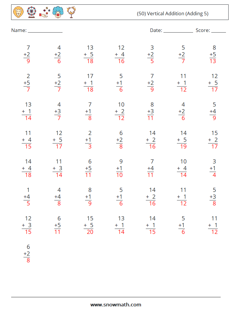 (50) Vertical  Addition (Adding 5) Math Worksheets 6 Question, Answer