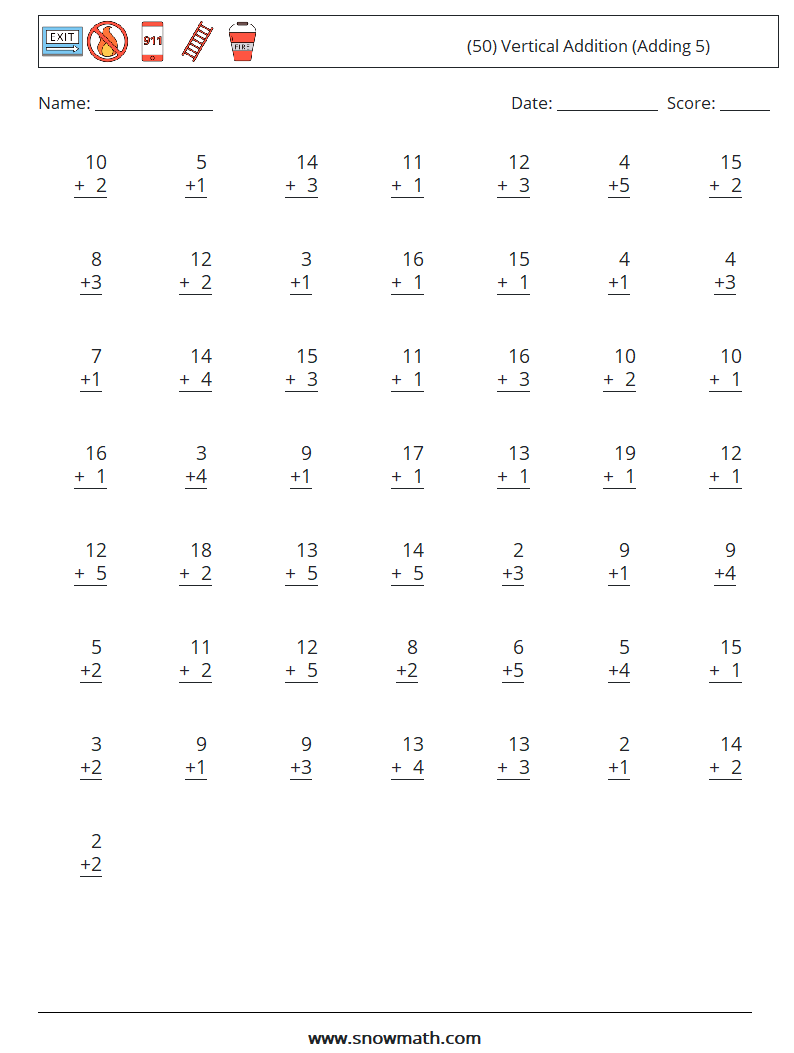 (50) Vertical  Addition (Adding 5) Math Worksheets 7