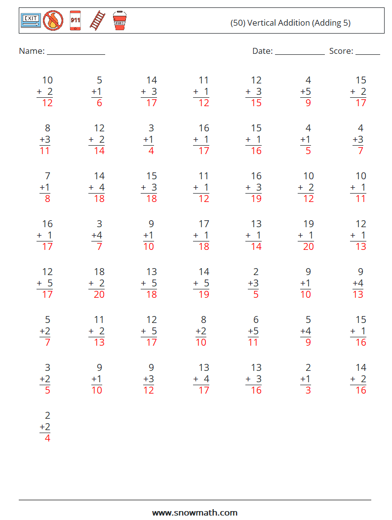(50) Vertical  Addition (Adding 5) Math Worksheets 7 Question, Answer