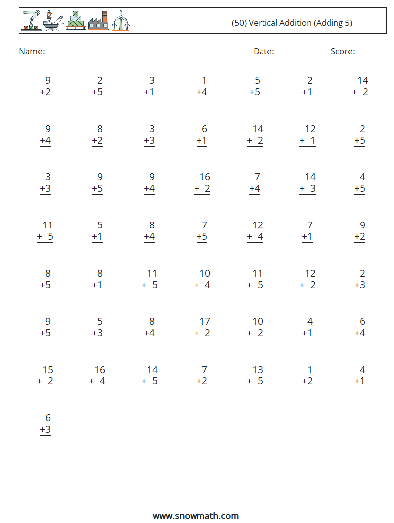 (50) Vertical  Addition (Adding 5) Math Worksheets 8