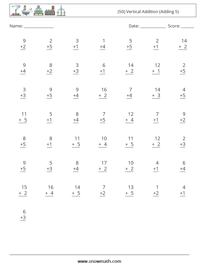 (50) Vertical  Addition (Adding 5) Maths Worksheets 8