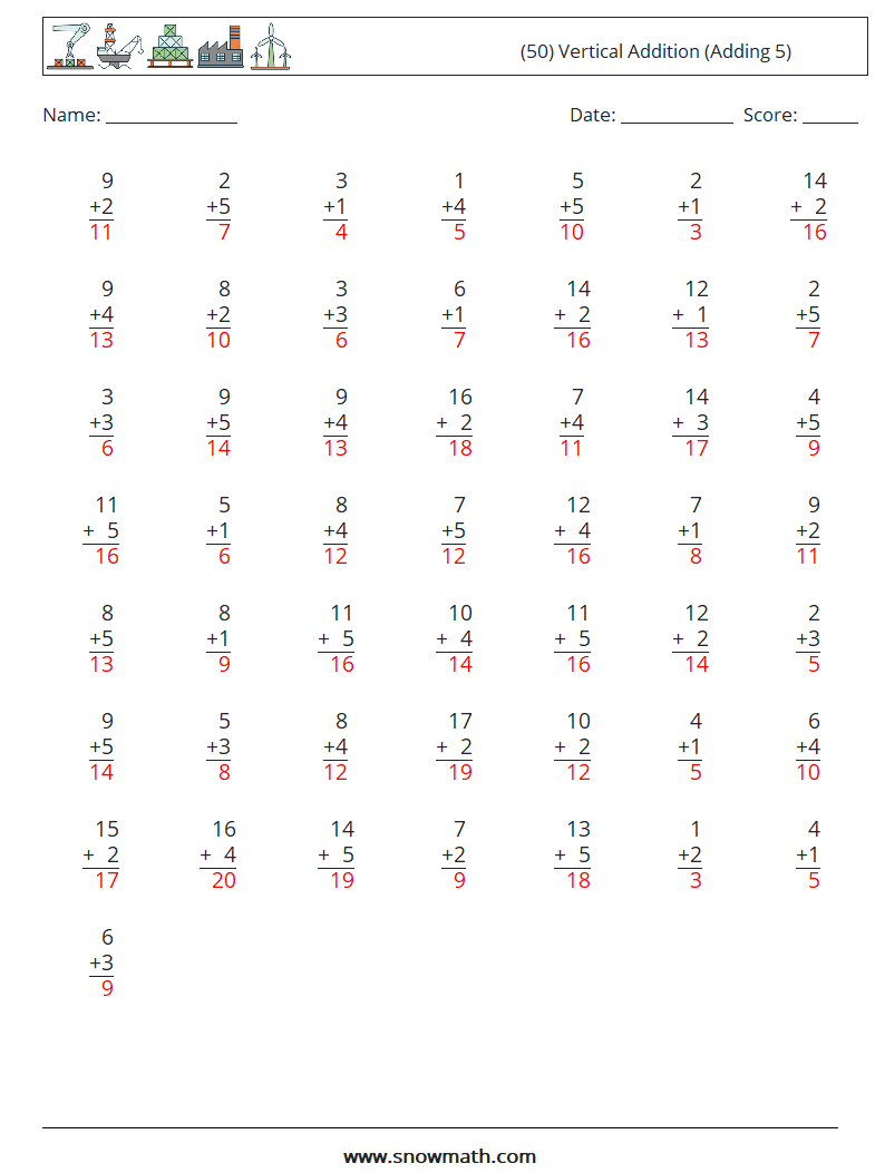 (50) Vertical  Addition (Adding 5) Math Worksheets 8 Question, Answer