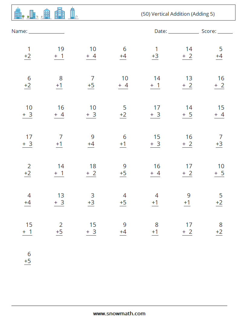 (50) Vertical  Addition (Adding 5) Math Worksheets 9