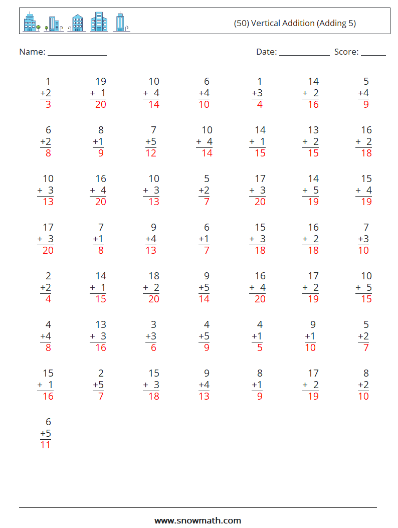 (50) Vertical  Addition (Adding 5) Math Worksheets 9 Question, Answer