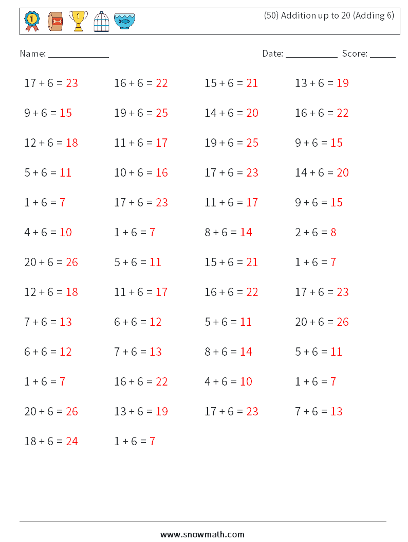 (50) Addition up to 20 (Adding 6) Math Worksheets 2 Question, Answer