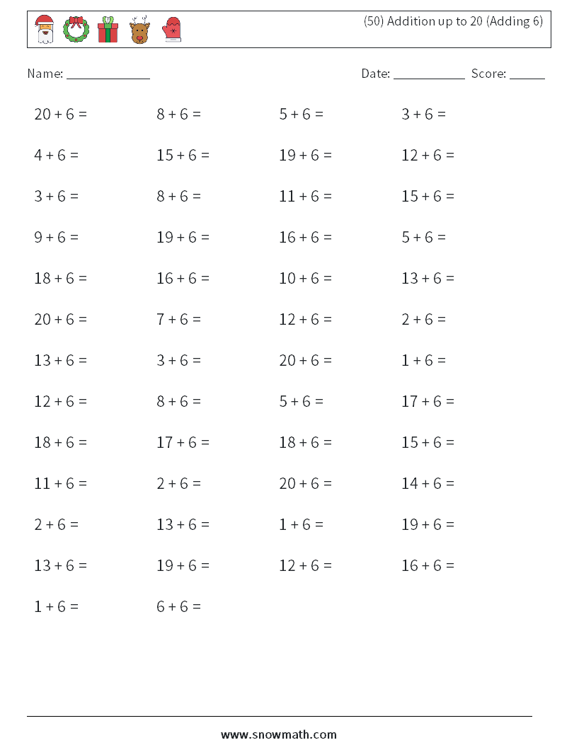 (50) Addition up to 20 (Adding 6) Maths Worksheets 4