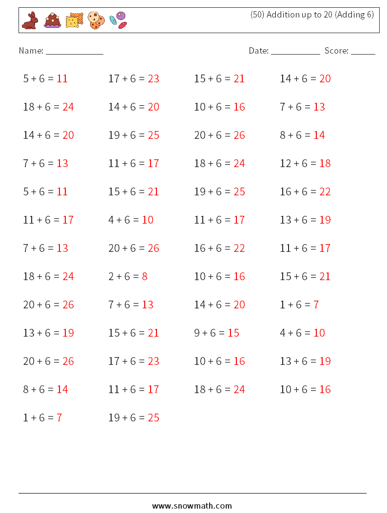 (50) Addition up to 20 (Adding 6) Math Worksheets 6 Question, Answer