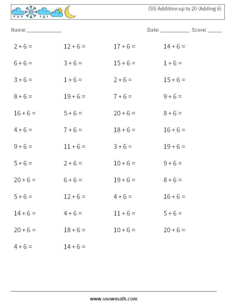 (50) Addition up to 20 (Adding 6) Maths Worksheets 7