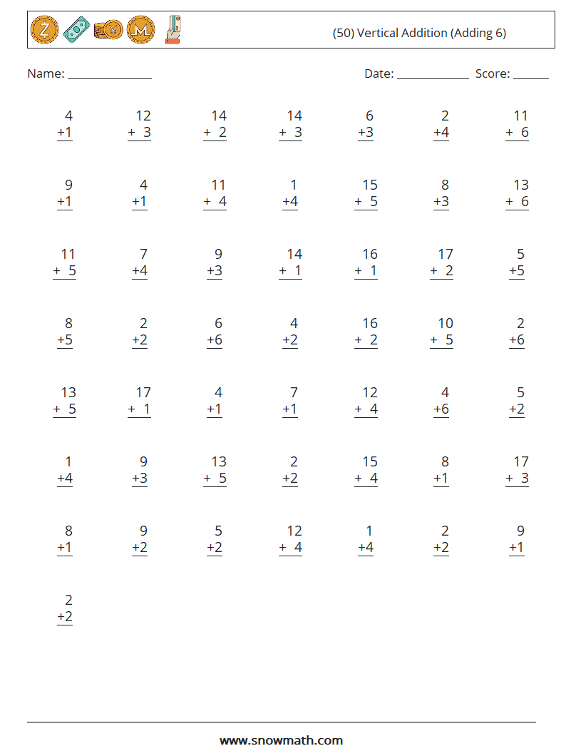 (50) Vertical  Addition (Adding 6) Maths Worksheets 1