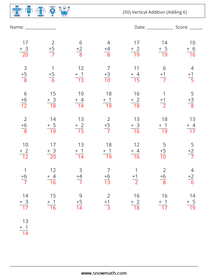 (50) Vertical  Addition (Adding 6) Math Worksheets 10 Question, Answer