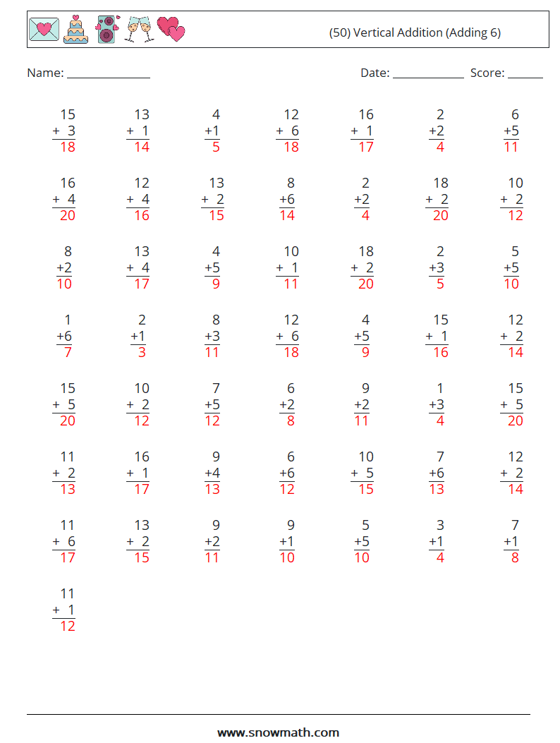 (50) Vertical  Addition (Adding 6) Math Worksheets 13 Question, Answer