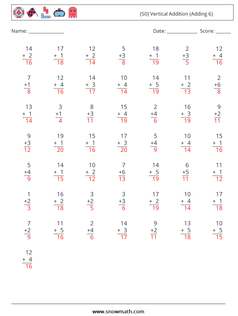 (50) Vertical  Addition (Adding 6) Math Worksheets 15 Question, Answer