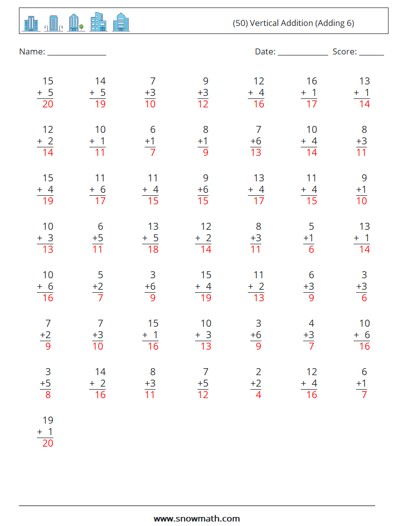 (50) Vertical  Addition (Adding 6) Math Worksheets 16 Question, Answer