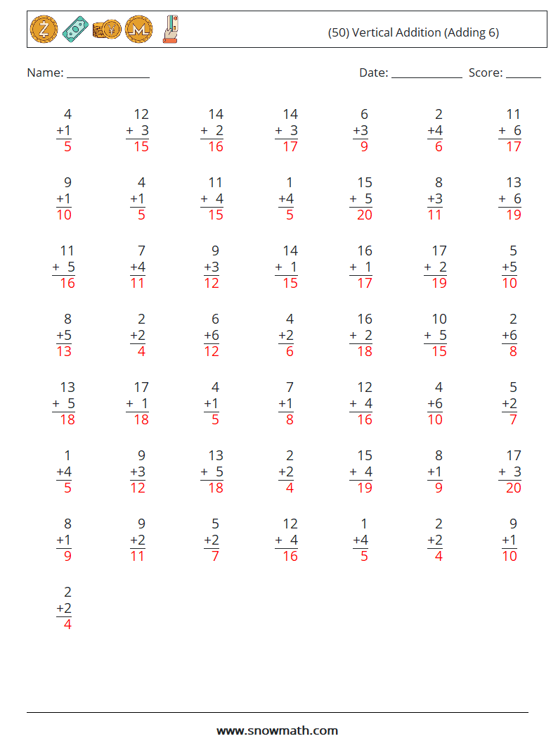 (50) Vertical  Addition (Adding 6) Math Worksheets 1 Question, Answer