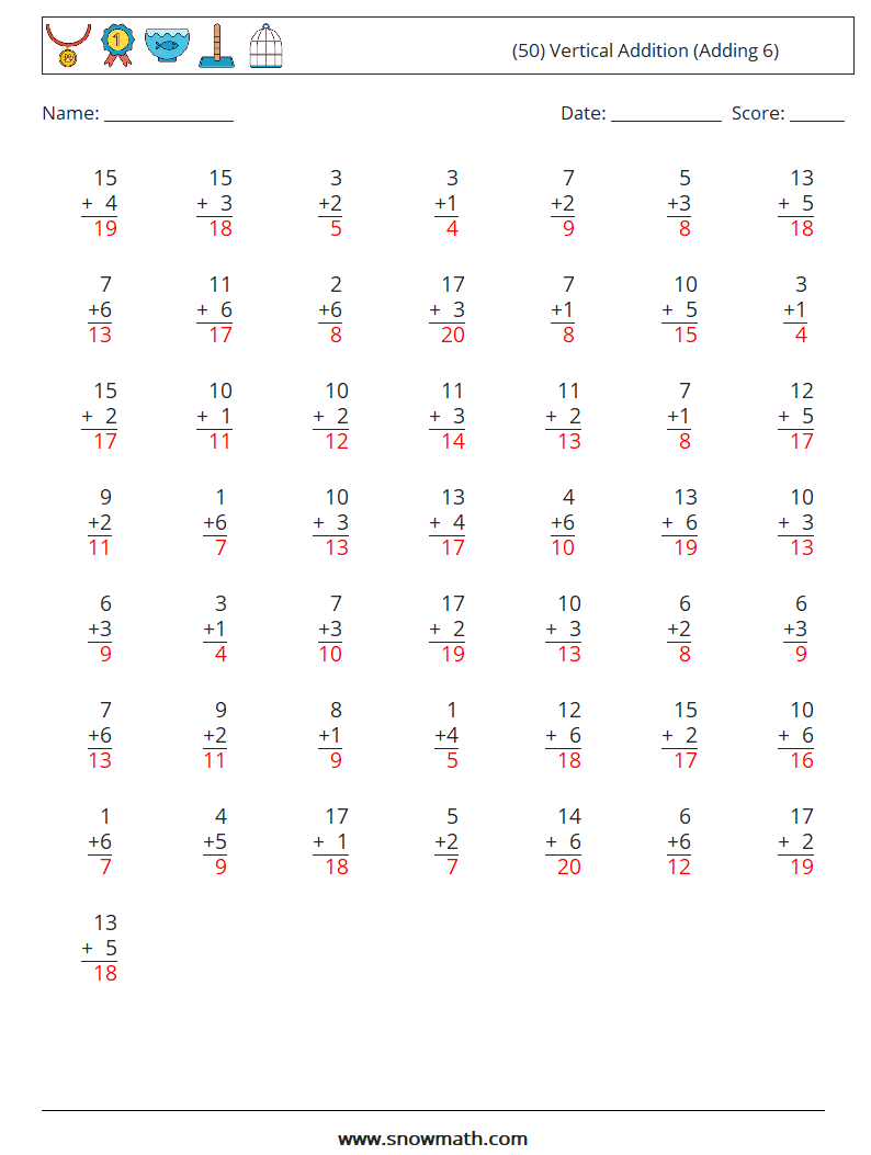 (50) Vertical  Addition (Adding 6) Math Worksheets 2 Question, Answer